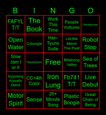 Gizzard Summer/Fall 2024 Bingo Card