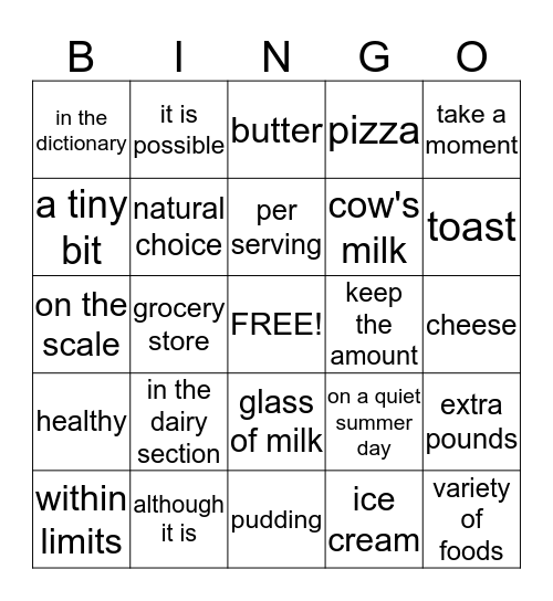 Dairy  Bingo Card