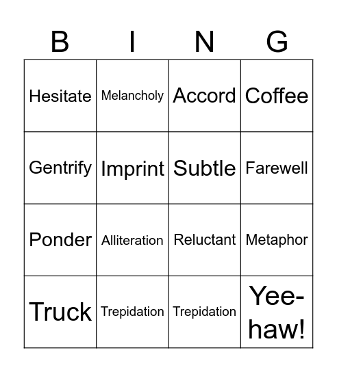 Eraser Tattoo Vocabulary Bingo Card