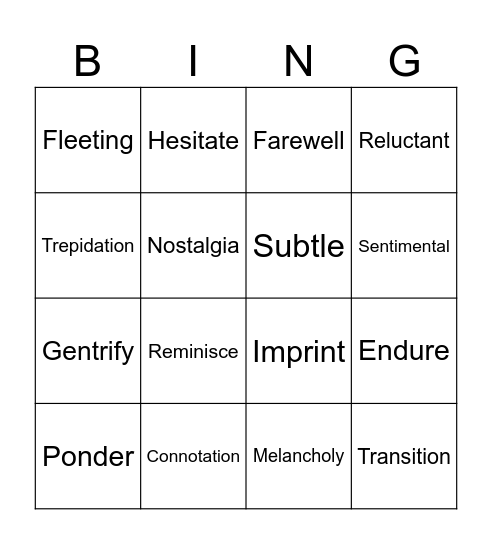 Eraser Tattoo Vocabulary Bingo Card