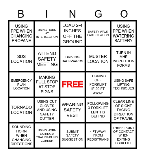 SAFETY BINGO Card