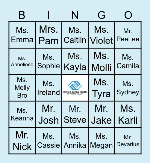 Menasha Boys & Girls Club Staff Bingo Card