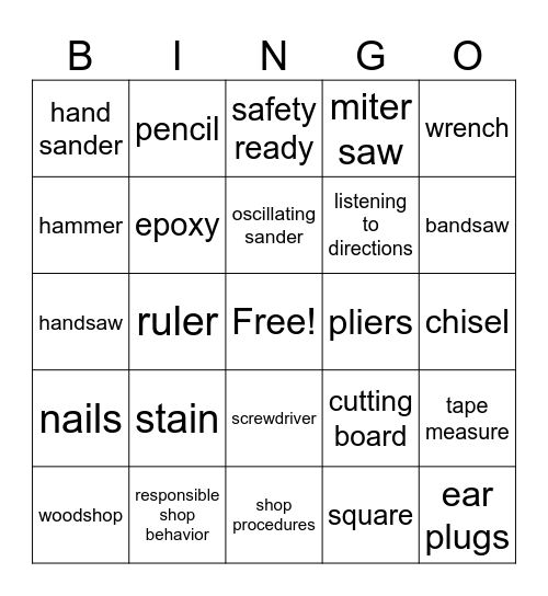 Tools Bingo Card