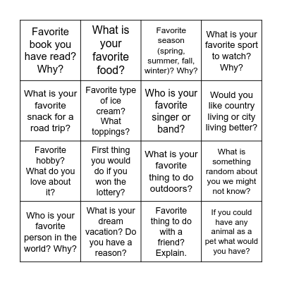 Favorite Things BINGO Card