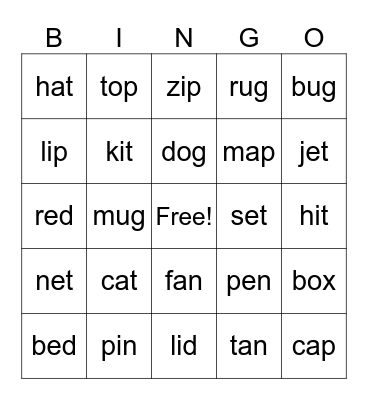 Short Vowel Sounds Bingo Card