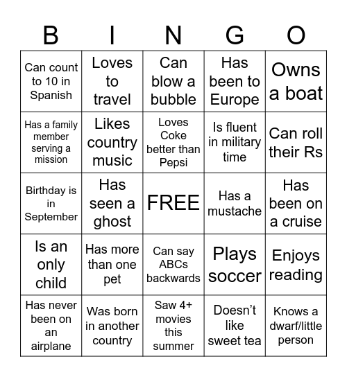 Get to Know You Bingo Card