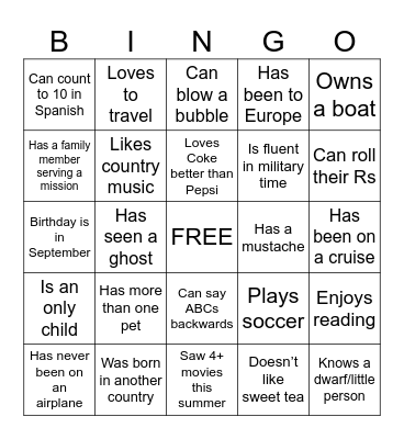 Get to Know You Bingo Card