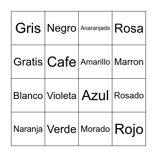 Spanish Colors Bingo Card