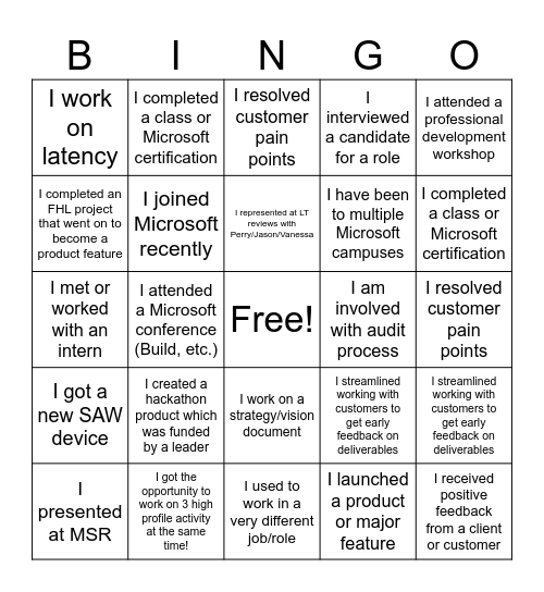 SDP Team Virtual Bingo Card