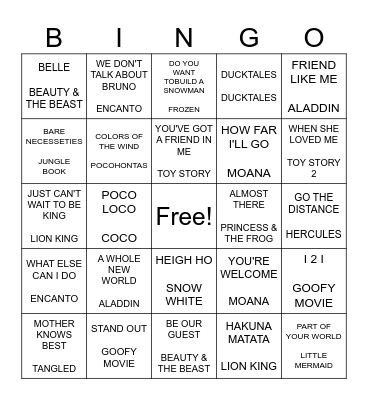 DISNEY MUSIC BINGO Card