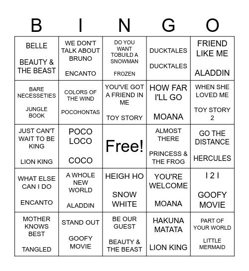 DISNEY MUSIC BINGO Card