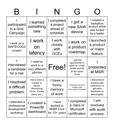 SDP Team Virtual Bingo Card