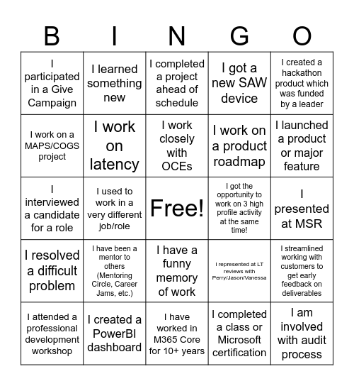 SDP Team Virtual Bingo Card