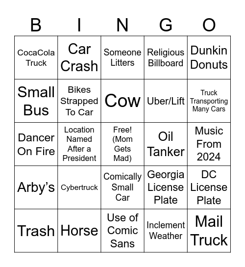 Road Bingo Card