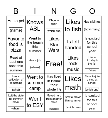 Friendship BINGO Card