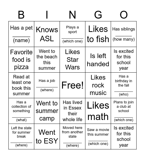 Friendship BINGO Card