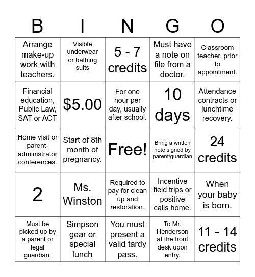 Student Handbook Bingo Card