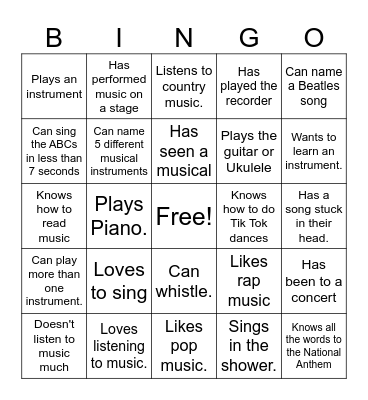Getting to Know You Music Bingo Card
