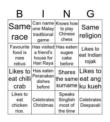 Singapore's Spirit Bingo Card