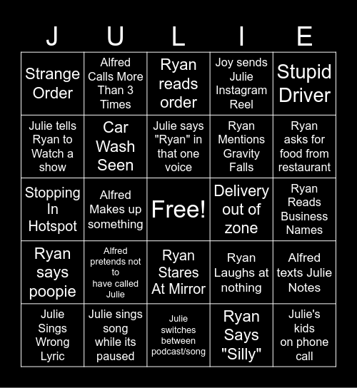 Julie and Ryan Doordash Bingo Card