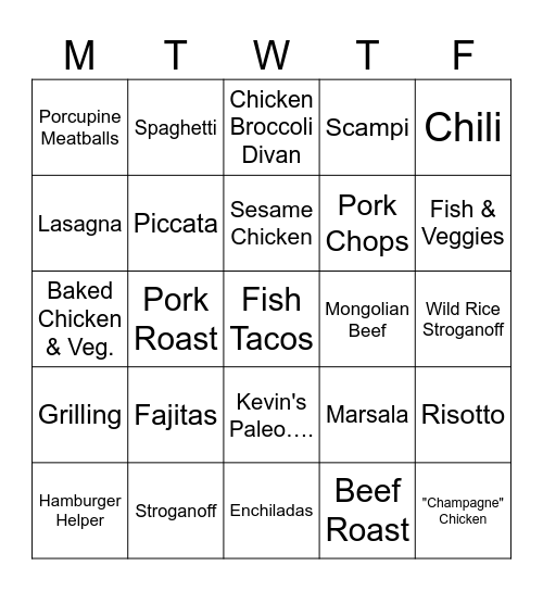 Monthly Meal Plan Bingo Card