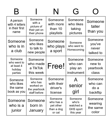 Yearbook Bingo Card