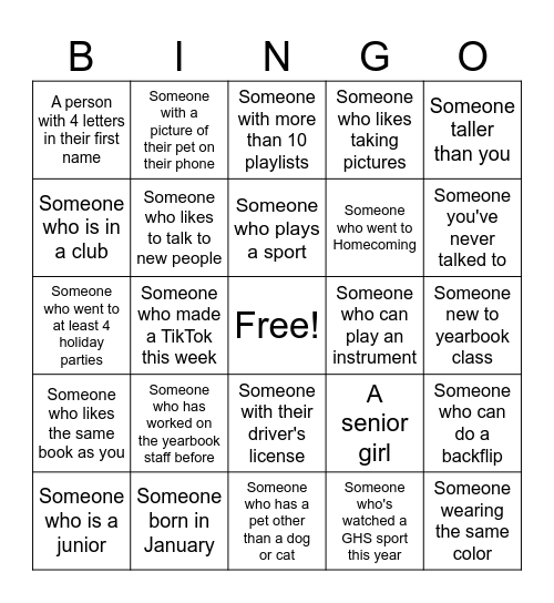 Yearbook Bingo Card