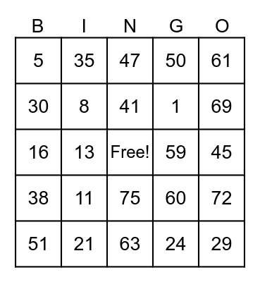 Letter "LL Bingo Card