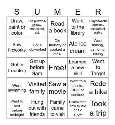 Summer Activities Bingo Card