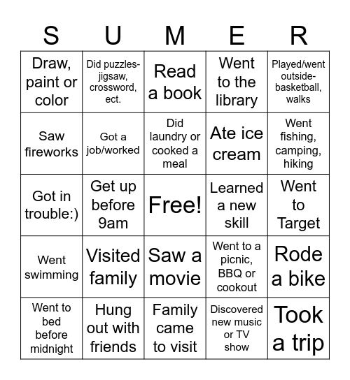 Summer Activities Bingo Card