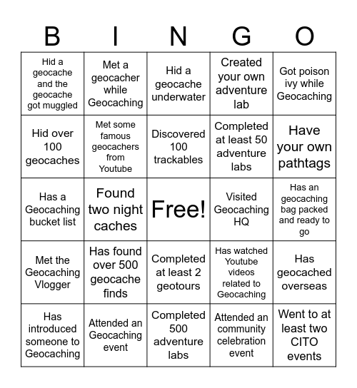 Geocaching Bingo For Events Bingo Card