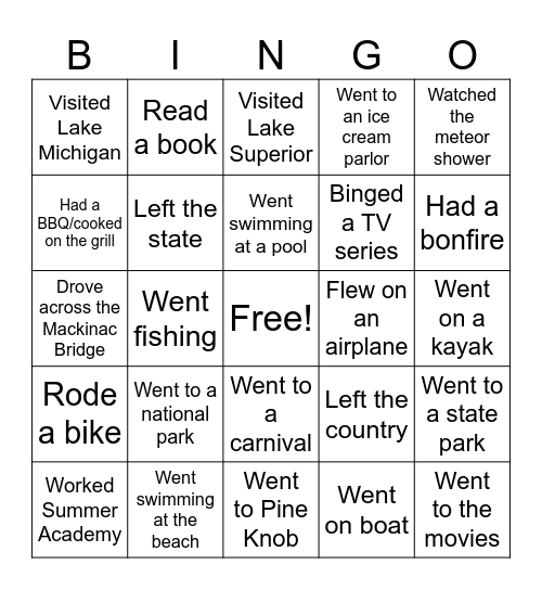 "How Did You Spend Your Summer?" Bingo Card