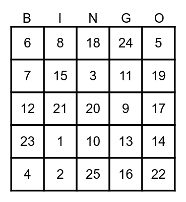 Number Bingo Card