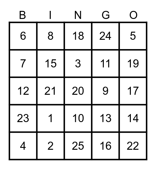 Number Bingo Card