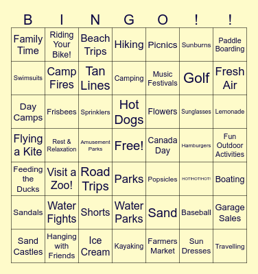 Summer Time Bingo Card