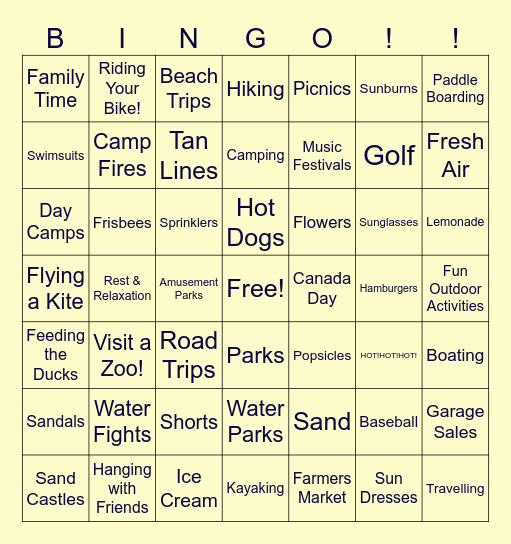 Summer Time Bingo Card