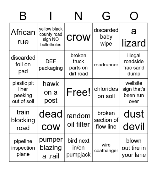 Oilfield Bingo Card