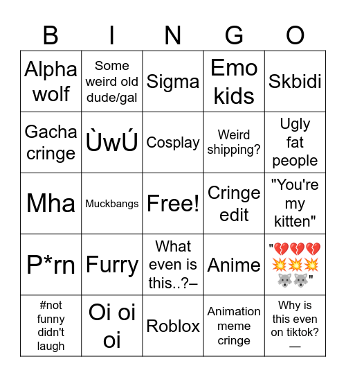 Cringe tiktoks Bingo Card