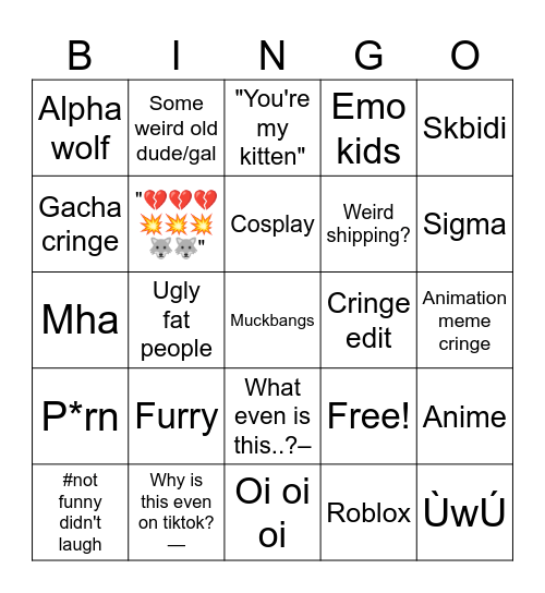 Cringe tiktoks Bingo Card