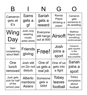 School Bingo Card