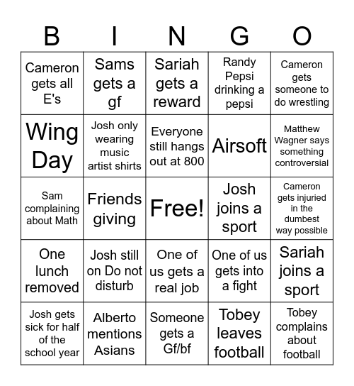 School Bingo Card