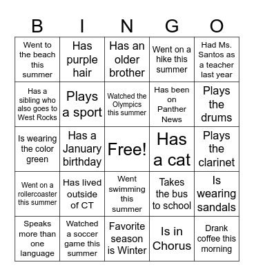 Classmate Bingo Card