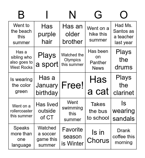 Classmate Bingo Card