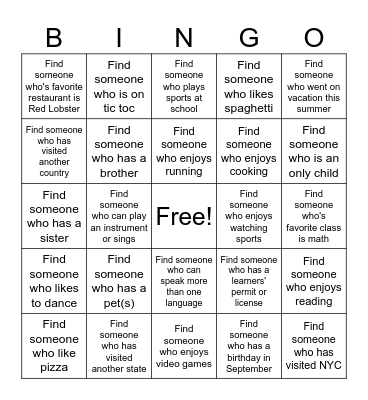 Welcome Back To School BINGO Card