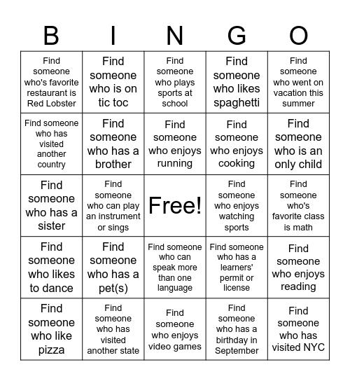 Welcome Back To School BINGO Card