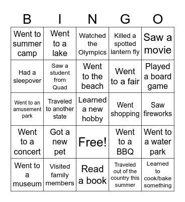 Summer Bingo Card