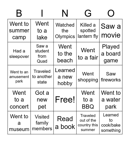 Summer Bingo Card