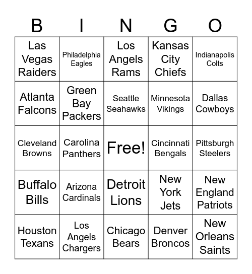 NFL BINGO Card