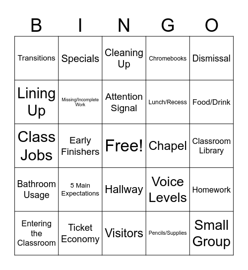 4th Grade Routines/Procedures BINGO Card