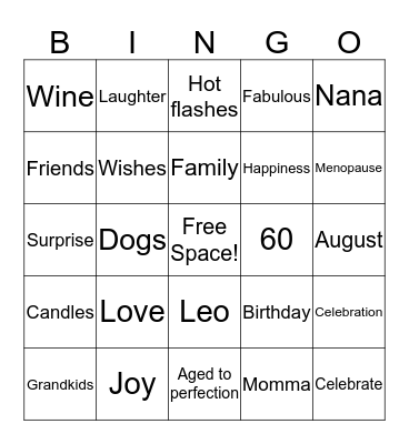 Sue's 60th Birthday Celebration! Bingo Card